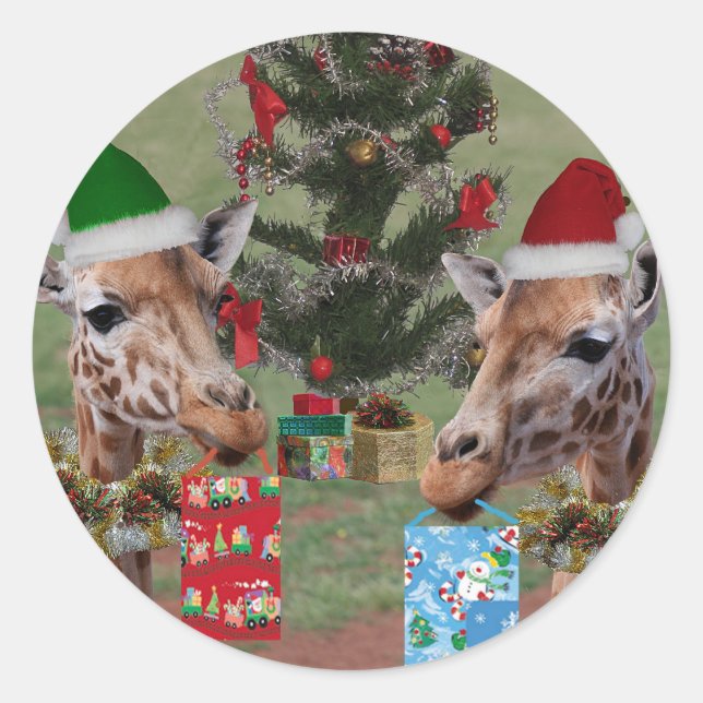 Pegatina Redonda Navidades Giraffes (Anverso)