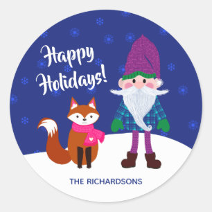 Pegatina Redonda Navidades Gnome Fox Snowflakes Midnight Blue