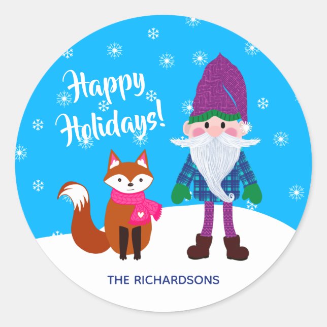 Pegatina Redonda Navidades Gnome Fox Snowflakes Personalized Blue (Anverso)