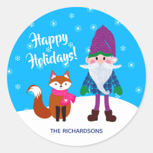 Pegatina Redonda Navidades Gnome Fox Snowflakes Personalized Blue