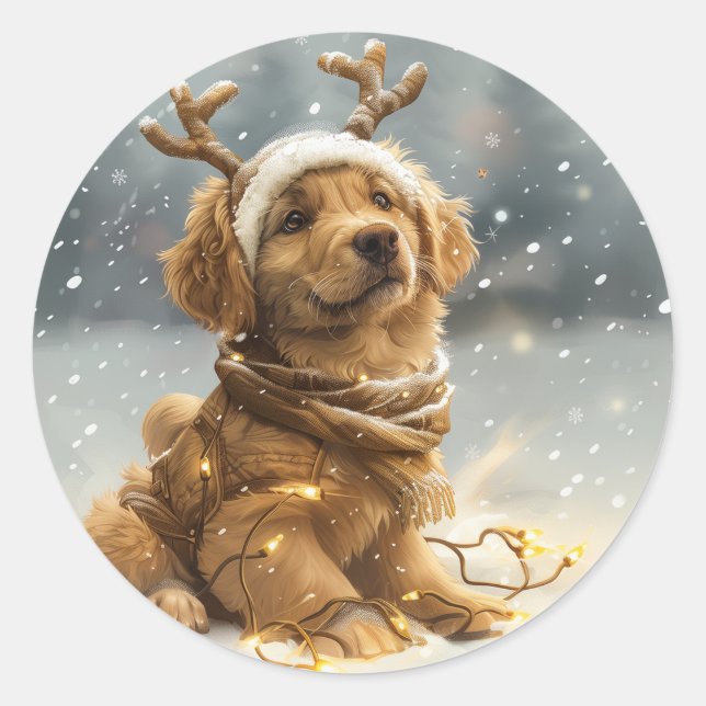 Pegatina Redonda Navidades Golden Retriever Puppy (Anverso)