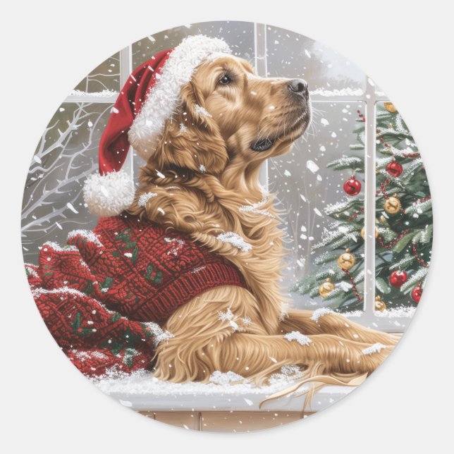 Pegatina Redonda Navidades Golden Retriever Santa Dog (Anverso)