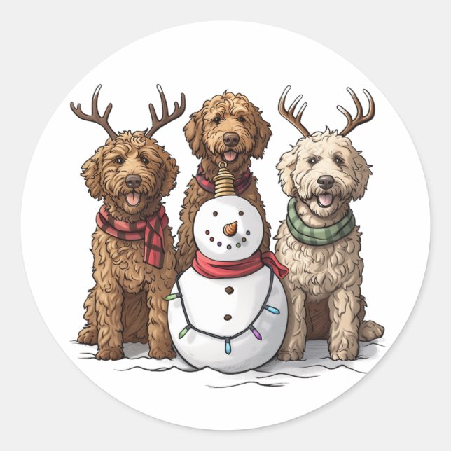 Pegatina Redonda Navidades Goldendoodle Dogs (Anverso)