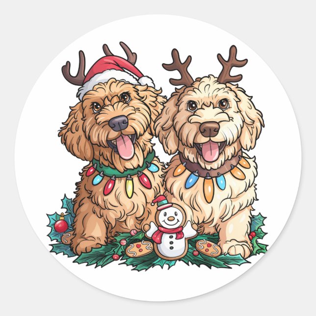 Pegatina Redonda Navidades Goldendoodle Dogs (Anverso)
