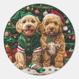 Pegatina Redonda Navidades Goldendoodle Puppy Dogs