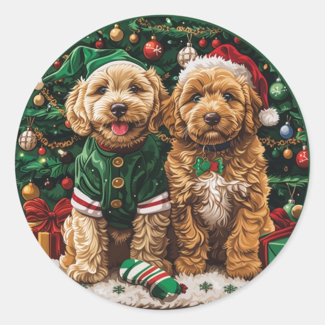 Pegatina Redonda Navidades Goldendoodle Puppy Dogs (Anverso)
