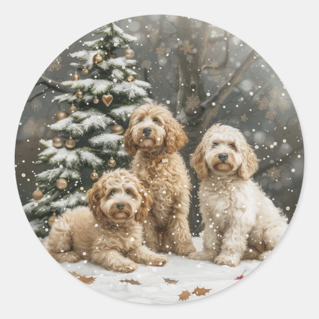 Pegatina Redonda Navidades Goldendoodle Puppy Dogs (Anverso)