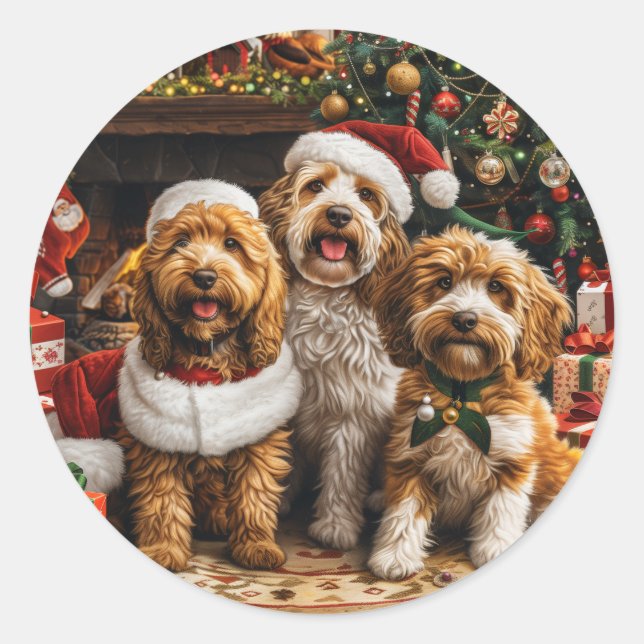 Pegatina Redonda Navidades Goldendoodle Puppy Dogs (Anverso)