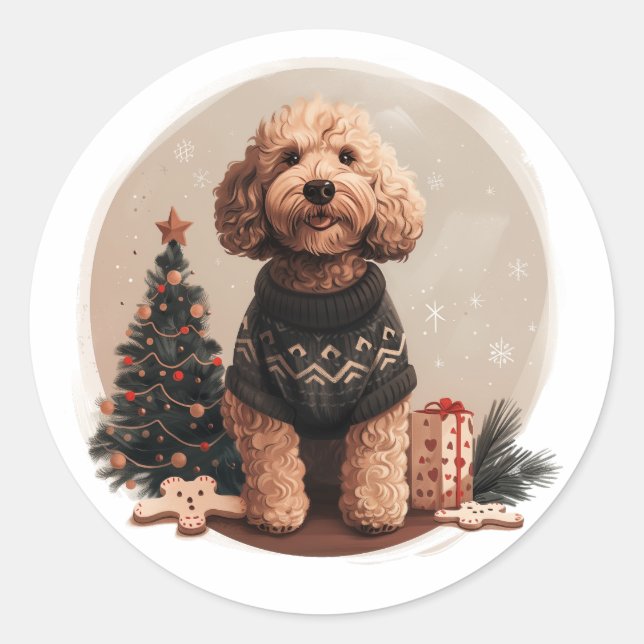 Pegatina Redonda Navidades Goldendoodle Puppy Dogs (Anverso)
