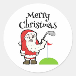 Pegatina Redonda Navidades Golfer con Santa Claus sostienen hierro 
