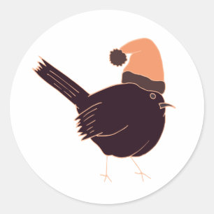 Pegatina Redonda Navidades gordos divertidos pájaro con gorra