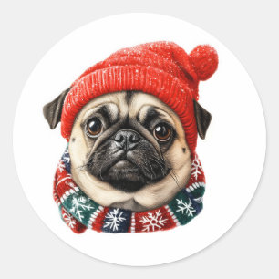 Pegatina Redonda Navidades gorra pug lindo