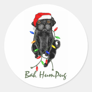 Pegatina Redonda Navidades graciosos de Black Pug Dog Bah Humpug