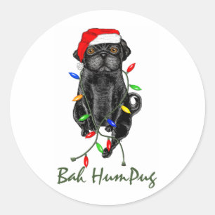 Pegatina Redonda Navidades graciosos de Black Pug Dog Bah Humpug