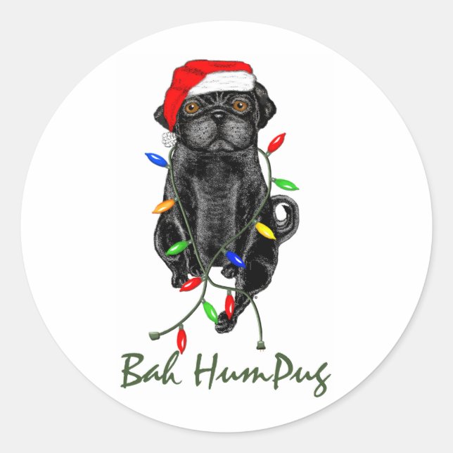 Pegatina Redonda Navidades graciosos de Black Pug Dog Bah Humpug (Anverso)
