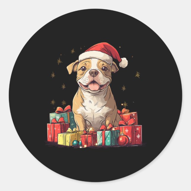 Pegatina Redonda Navidades graciosos de Pitbull Santa Hat (Anverso)