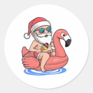 Pegatina Redonda Navidades Graciosos De Santa Flamingo En Julio Sum
