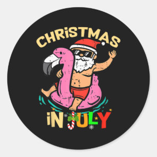Pegatina Redonda Navidades Graciosos De Santa Flamingo En Julio Sum