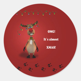 Pegatina Redonda Navidades graciosos reno con nariz roja