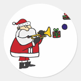 Pegatina Redonda Navidades graciosos Santa Jugando Trumpeta