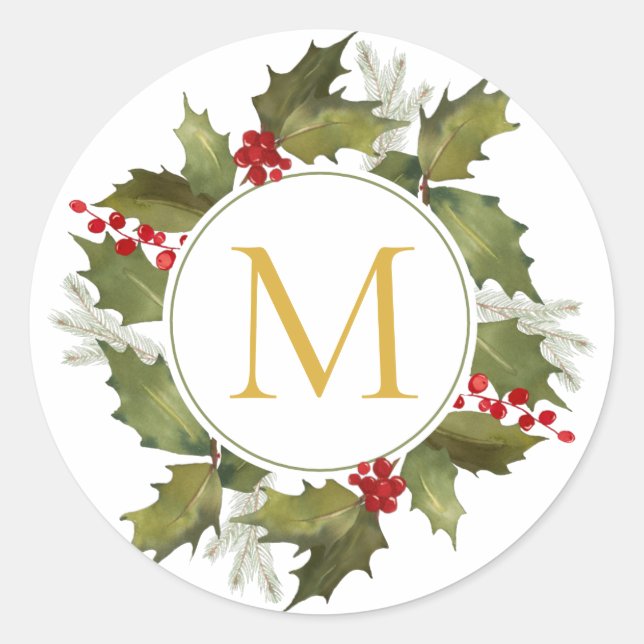Pegatina Redonda Navidades Gran Monograma Vintage Holly Wreath (Anverso)
