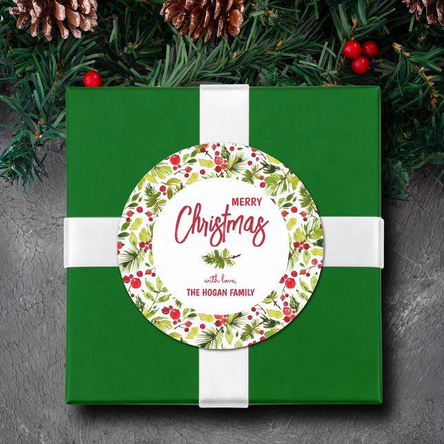 Pegatina Redonda Navidades Greenery Berries Holiday (Merry Christmas with Love round stickers with greenery and red berries)