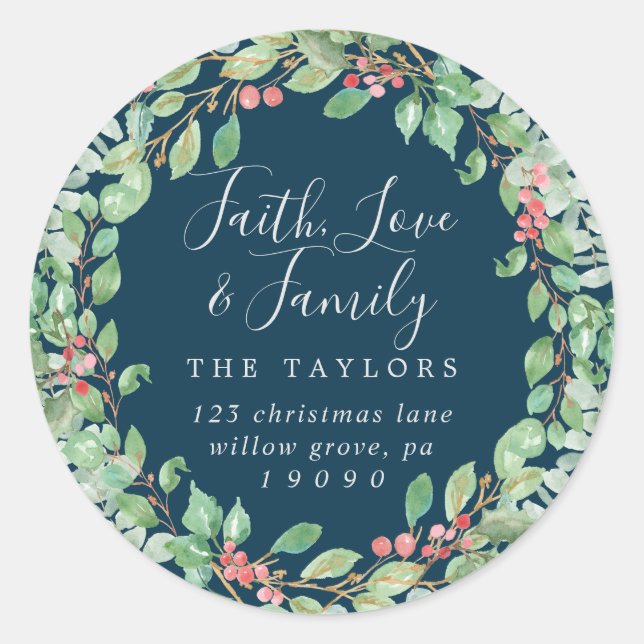 Pegatina Redonda Navidades Greenery Faith Love & Family Envelope (Anverso)