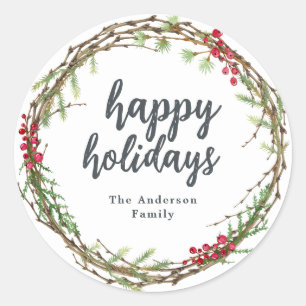 Pegatina Redonda Navidades Greenery Happy Holidays Gift label