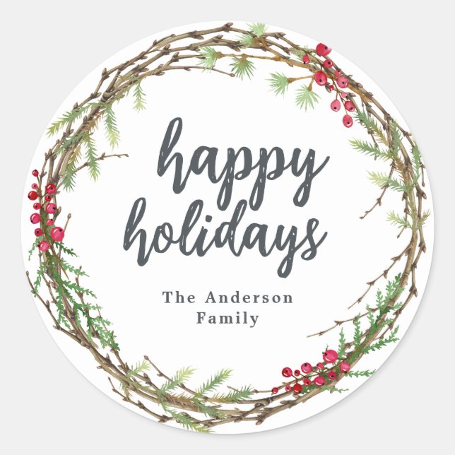 Pegatina Redonda Navidades Greenery Happy Holidays Gift label (Anverso)