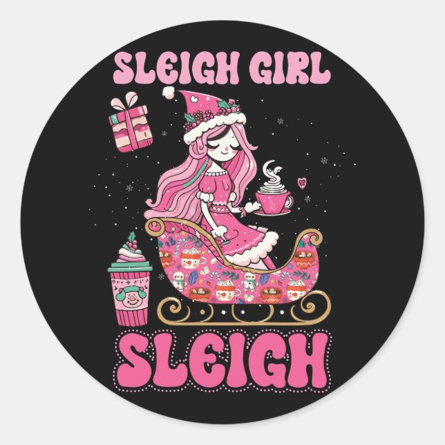 Pegatina Redonda Navidades Groovy Pink Café Sleigh Chica Sleigh Xm (Anverso)