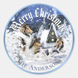 Pegatina Redonda Navidades Hadas de Invierno, Collies y Lambs -