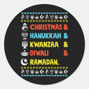 Pegatina Redonda Navidades Hanukkah Kwanzaa Diwali Ramadan Gracioso