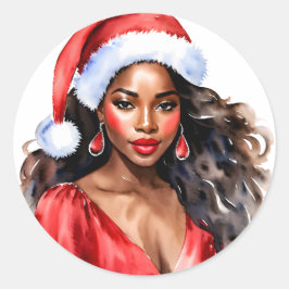 Pegatina Redonda Navidades Hermosa Mujer Negra Santa Hat