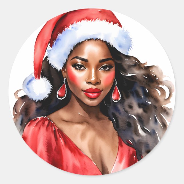 Pegatina Redonda Navidades Hermosa Mujer Negra Santa Hat (Anverso)