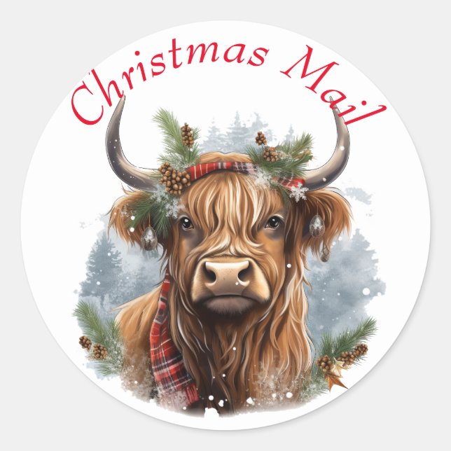 Pegatina Redonda Navidades Highlander Cow Cute (Anverso)