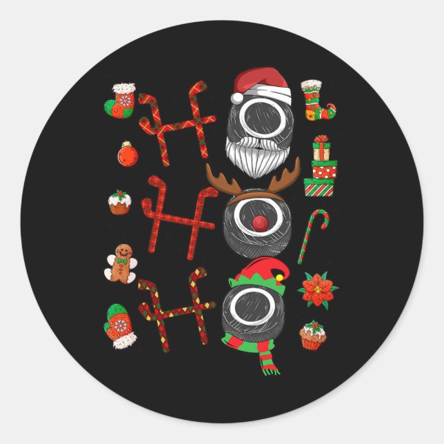 Pegatina Redonda Navidades Ho Ho Ho Ho Ice Hockey Jugador Xm de Hoc (Anverso)