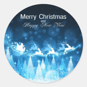 Pegatina Redonda Navidades Holiday Blue Santa y Sleigh