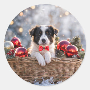 Pegatina Redonda Navidades Holiday Border Collie Puppy