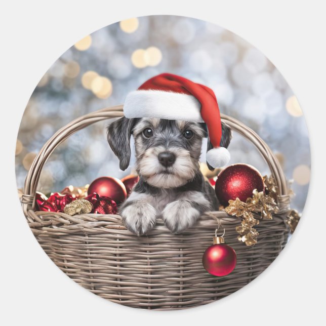 Pegatina Redonda Navidades Holiday Cute Schnauzer Puppy (Anverso)