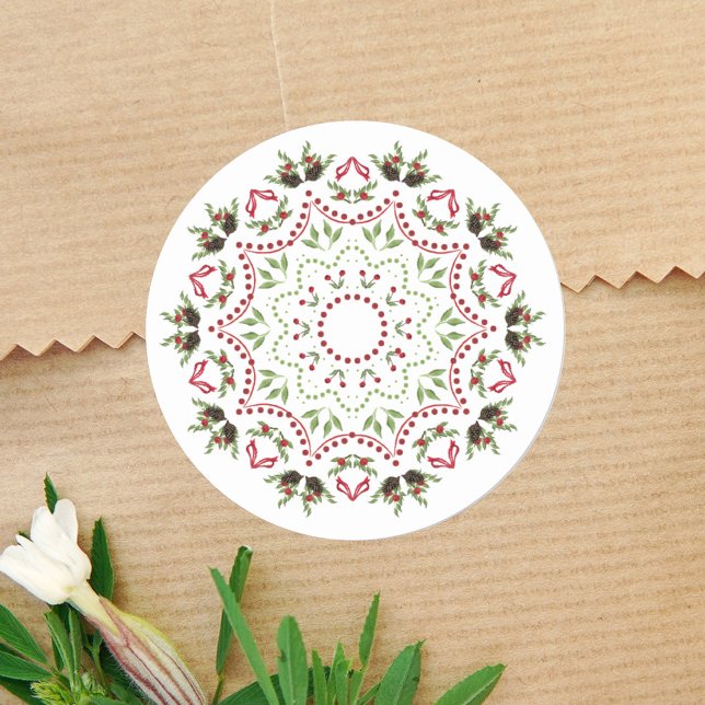 Pegatina Redonda Navidades Holiday Pinecones Mandala Pine Brands (Christmas cute simple mandala minimalist minimal.)