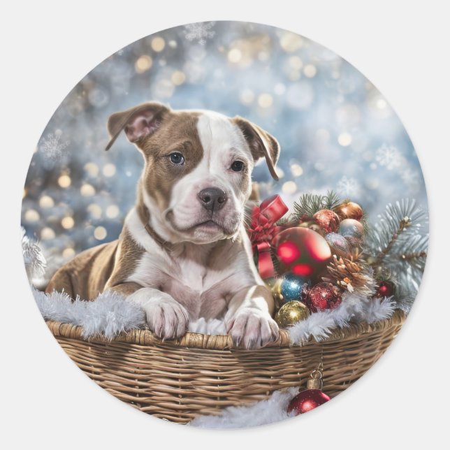 Pegatina Redonda Navidades Holiday Pitbull Puppy (Anverso)