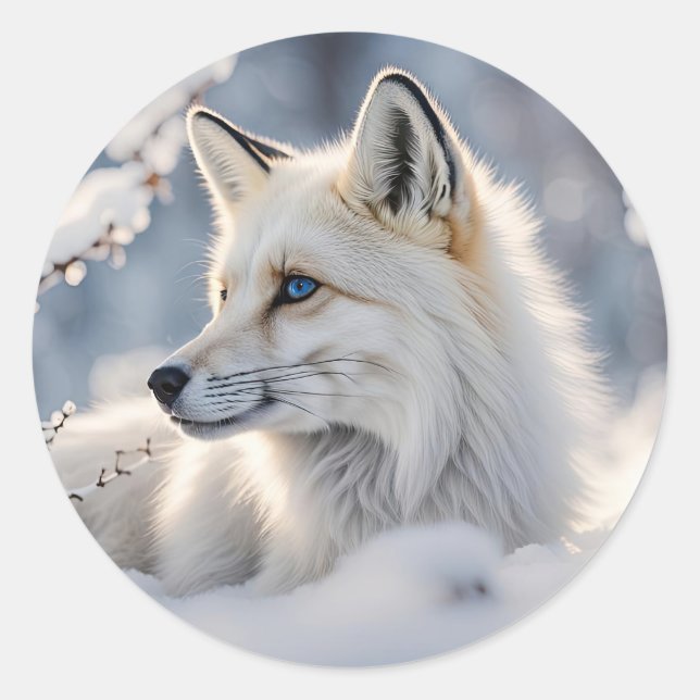 Pegatina Redonda Navidades Holiday Snow Fox Wildlife (Anverso)