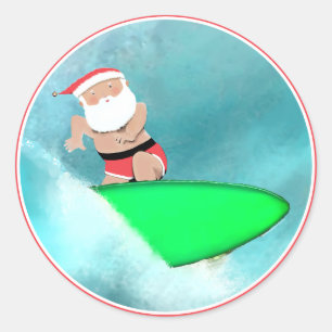 Pegatina Redonda Navidades Holiday Surfing Santa Beach