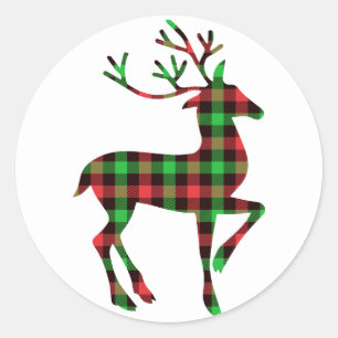Pegatina Redonda Navidades Holiday Tartan Plaid Pattern Reindeer