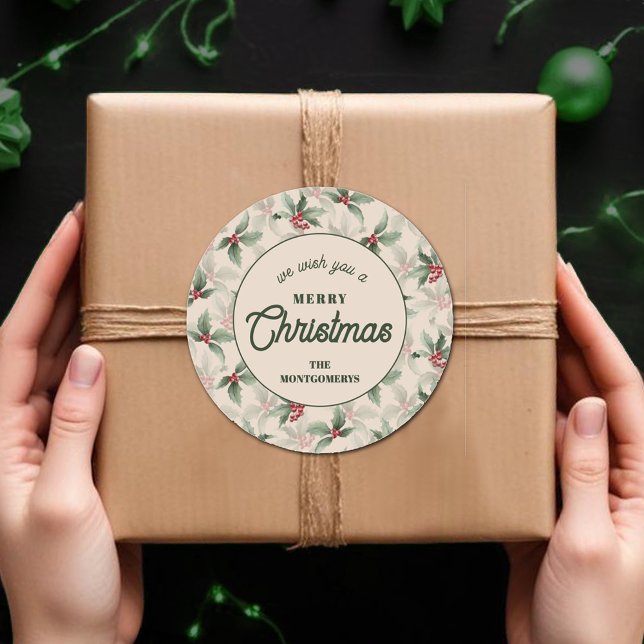 Pegatina Redonda Navidades Holly Berry en horneado de comida casero (We Wish you a Merry Christmas holly and berries homemade food holiday baking round stickers)