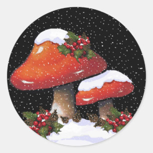 Pegatina Redonda Navidades Holly Con Hongos Rojos, Nieve
