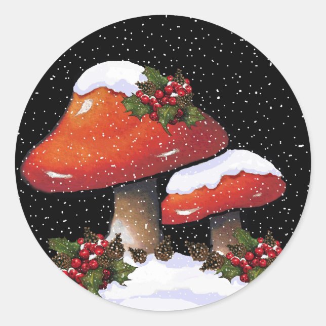 Pegatina Redonda Navidades Holly Con Hongos Rojos, Nieve (Anverso)