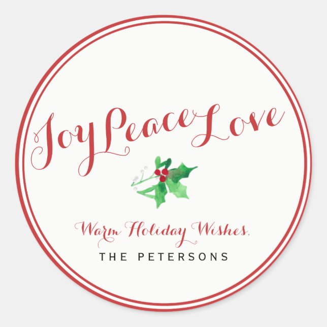 Pegatina Redonda Navidades Holly Joy Peace Love Script Personalizad (Anverso)