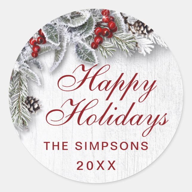 Pegatina Redonda Navidades Holly Pine Rustic Holiday Envelolpe Seal (Anverso)