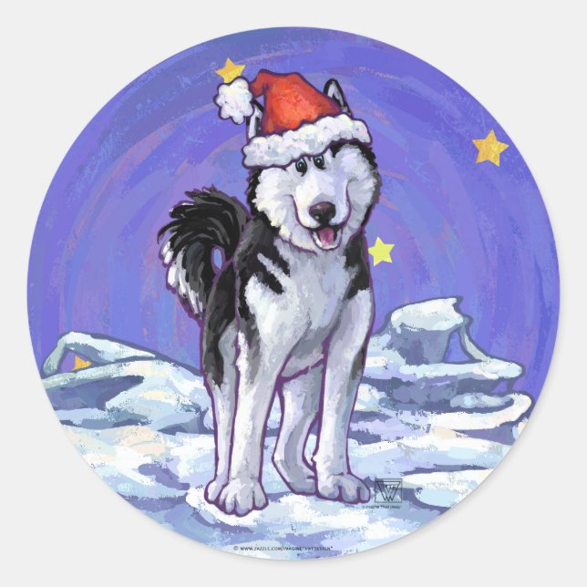 Pegatina Redonda Navidades Husky (Anverso)